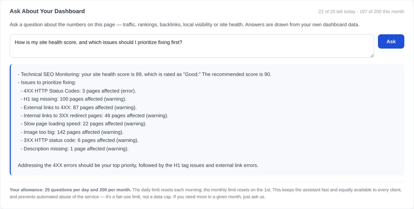The portal AI assistant answering a real question about site health score and which issues to prioritise