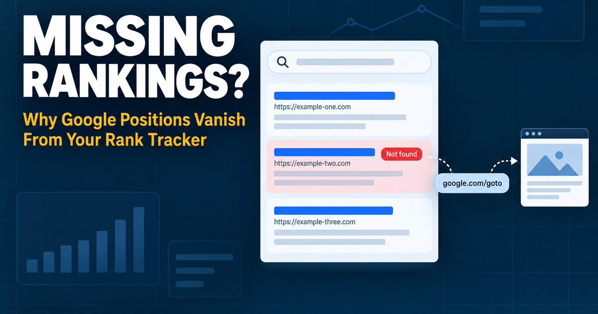 Rank tracker report showing missing Google rankings after the google.com/goto redirect rollout