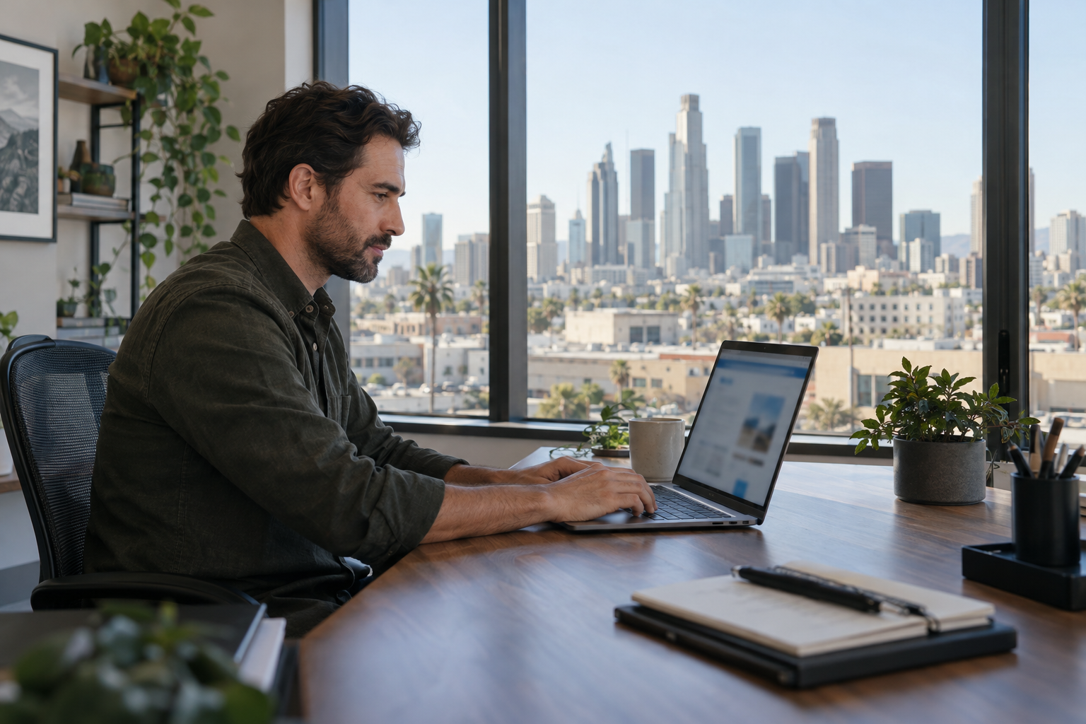 Los Angeles service business owner managing local SEO on laptop