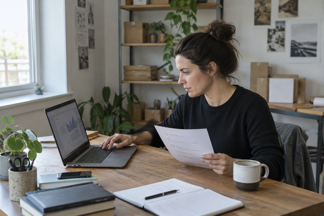 Small-business owner reviewing website maintenance notes at a laptop in a sunlit office.